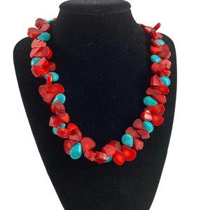 Faux Turquoise Green Red Beaded Necklace Silver Tone 21" Adjustable